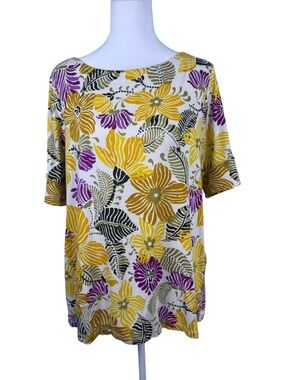 Chico's Floral Scoop-Neck Pima Cotton Top Floral Yellow, Purple & Cream Size L